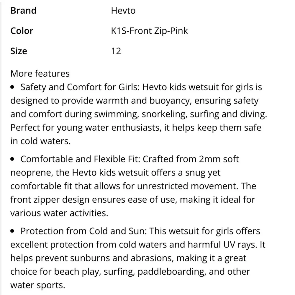 Heuto Shorty Wetsuit Kids Size‎ 12 Black Pink New Front Zip Neoprene 1294
